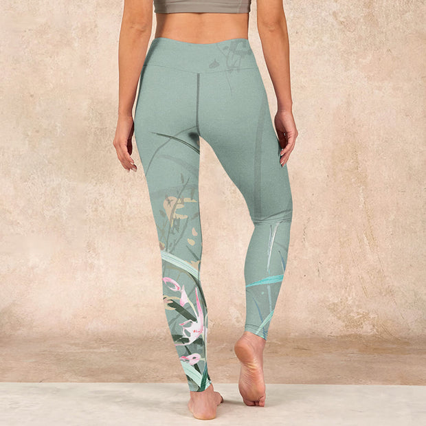 Buddha Stones White Pink Orchids Leaves Print Gym Leggings Women's Yoga Pants Leggings BS 15