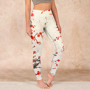 Buddha Stones Blooming Red Plum Blossoms Print Gym Leggings Women's Yoga Pants - Beige - US18，UK/AU22，EU50 (4XL) - image 1