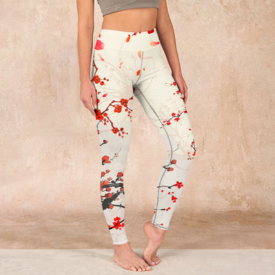 Buddha Stones Blooming Red Plum Blossoms Print Gym Leggings Women's Yoga Pants - Beige - US18，UK/AU22，EU50 (4XL) - image 1