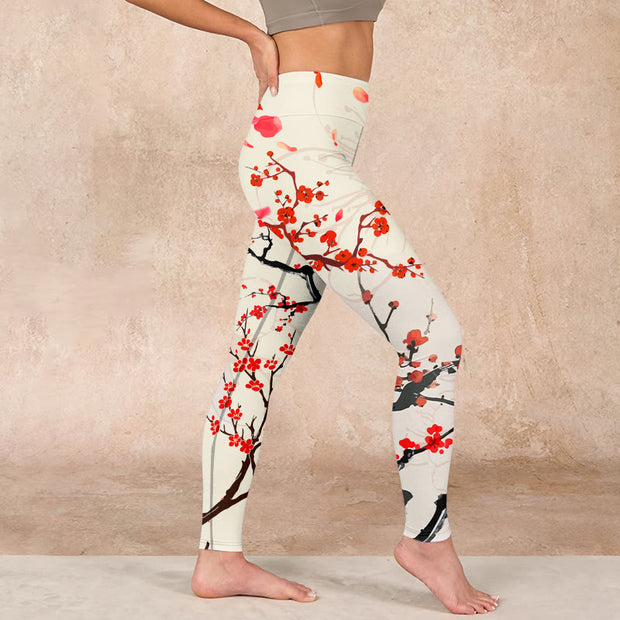 Buddha Stones Blooming Red Plum Blossoms Print Gym Leggings Women's Yoga Pants Leggings BS 17