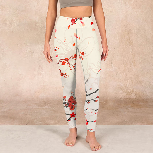 Buddha Stones Blooming Red Plum Blossoms Print Gym Leggings Women's Yoga Pants Leggings BS 1