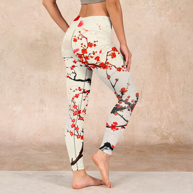 Buddha Stones Blooming Red Plum Blossoms Print Gym Leggings Women's Yoga Pants - image 3