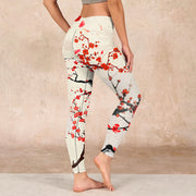 Buddha Stones Blooming Red Plum Blossoms Print Gym Leggings Women's Yoga Pants Leggings BS 2