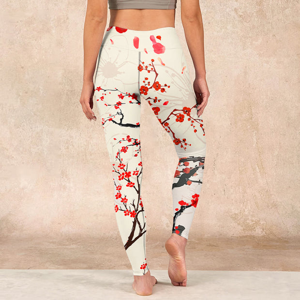Buddha Stones Blooming Red Plum Blossoms Print Gym Leggings Women's Yoga Pants - image 15