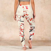 Buddha Stones Blooming Red Plum Blossoms Print Gym Leggings Women's Yoga Pants Leggings BS 15