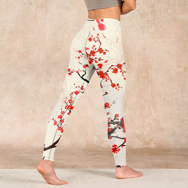 Buddha Stones Blooming Red Plum Blossoms Print Gym Leggings Women's Yoga Pants Leggings BS 4