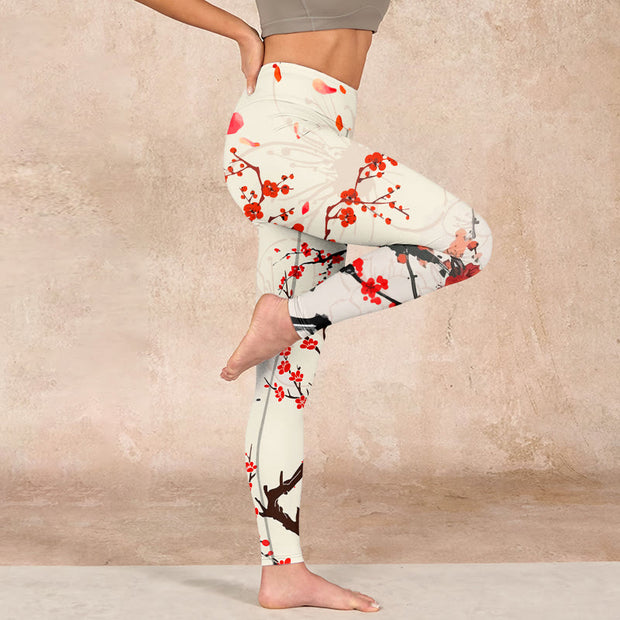 Buddha Stones Blooming Red Plum Blossoms Print Gym Leggings Women's Yoga Pants - image 16