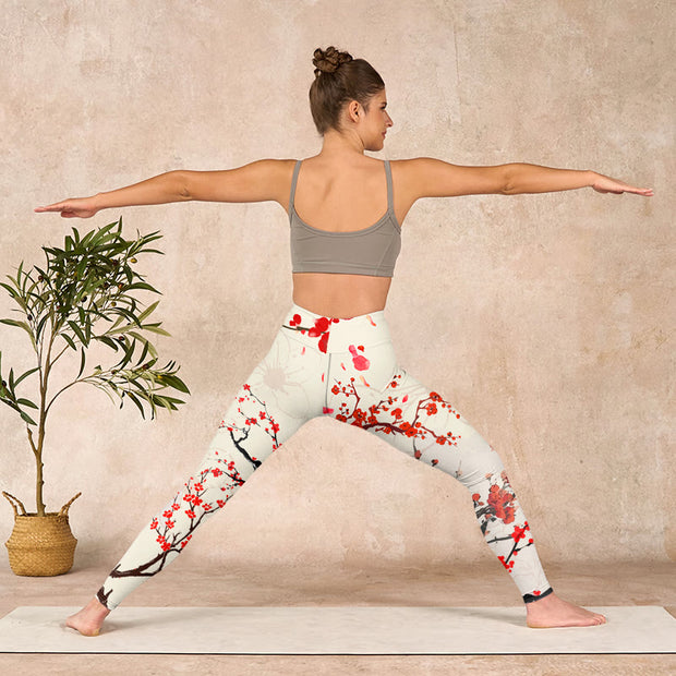 Buddha Stones Blooming Red Plum Blossoms Print Gym Leggings Women's Yoga Pants Leggings BS 11