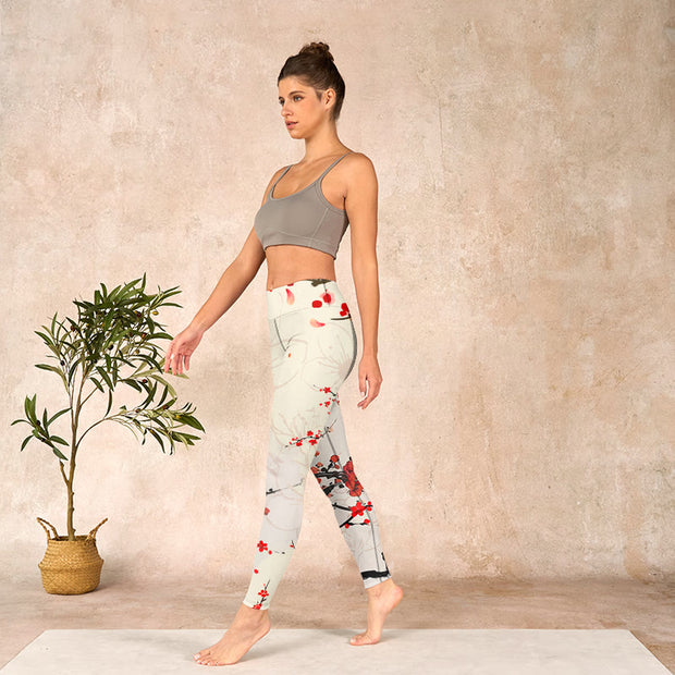 Buddha Stones Blooming Red Plum Blossoms Print Gym Leggings Women's Yoga Pants Leggings BS 13