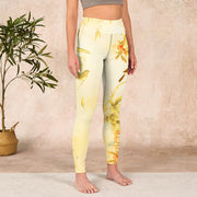 Buddha Stones Light Yellow Peony Flowers Birds Print Sports Leggings Women's Yoga Pants Leggings BS 3