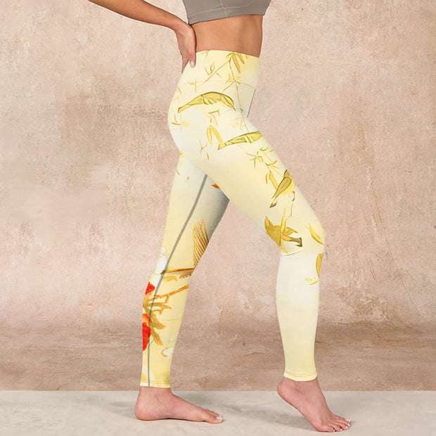 Buddha Stones Light Yellow Peony Flowers Birds Print Sports Leggings Women's Yoga Pants - image 17