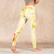 Buddha Stones Light Yellow Peony Flowers Birds Print Sports Leggings Women's Yoga Pants Leggings BS 4