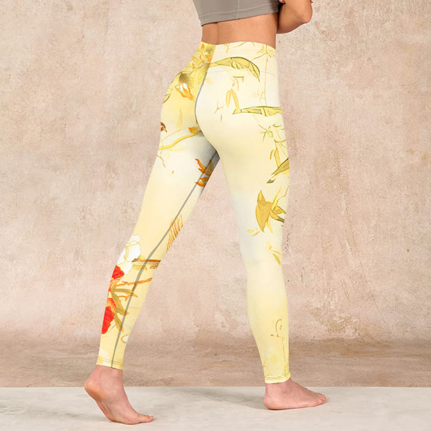 Buddha Stones Light Yellow Peony Flowers Birds Print Sports Leggings Women's Yoga Pants Leggings BS 4