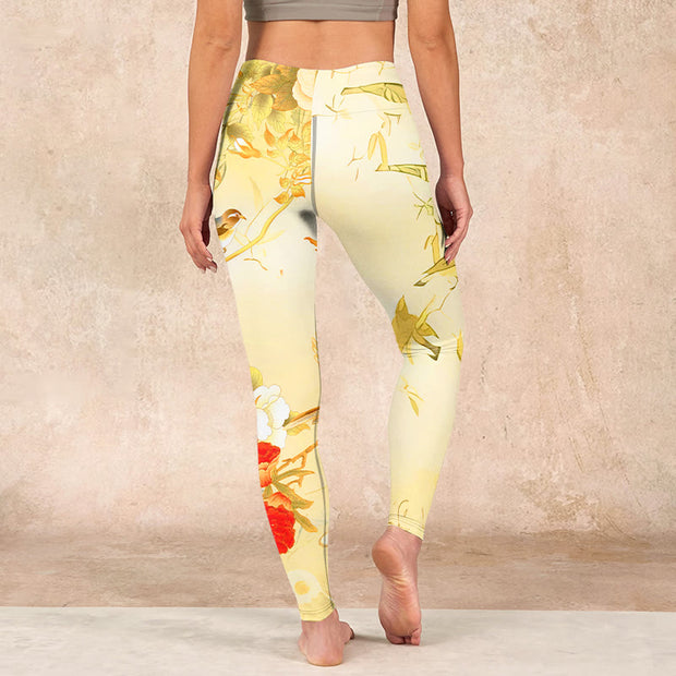 Buddha Stones Light Yellow Peony Flowers Birds Print Sports Leggings Women's Yoga Pants Leggings BS 15