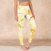 Buddha Stones Light Yellow Peony Flowers Birds Print Sports Leggings Women's Yoga Pants - LightYellow - US18，UK/AU22，EU50 (4XL) - image 1