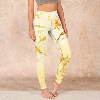 Buddha Stones Light Yellow Peony Flowers Birds Print Sports Leggings Women's Yoga Pants - LightYellow - US18，UK/AU22，EU50 (4XL) - image 1