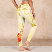 Buddha Stones Light Yellow Peony Flowers Birds Print Sports Leggings Women's Yoga Pants Leggings BS 2