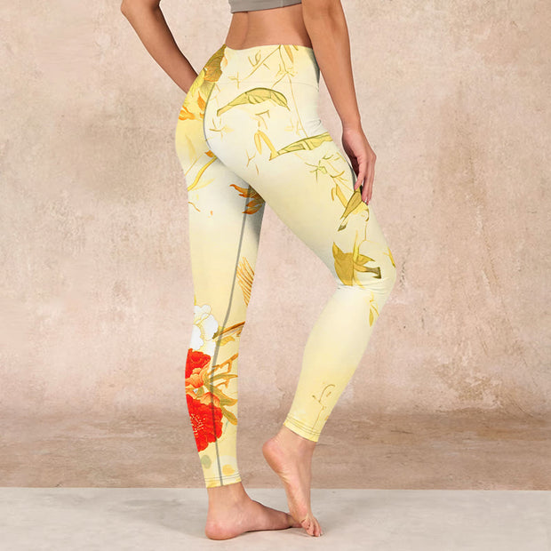 Buddha Stones Light Yellow Peony Flowers Birds Print Sports Leggings Women's Yoga Pants - image 3