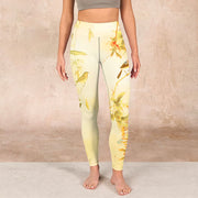 Buddha Stones Light Yellow Peony Flowers Birds Print Sports Leggings Women's Yoga Pants Leggings BS 1