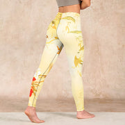 Buddha Stones Light Yellow Peony Flowers Birds Print Sports Leggings Women's Yoga Pants - image 5