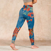 Buddha Stones Blue Red Flowers Birds Print Gym Leggings Women's Yoga Pants Leggings BS 4