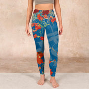 Buddha Stones Blue Red Flowers Birds Print Gym Leggings Women's Yoga Pants Leggings BS 1