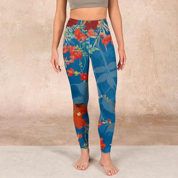 Buddha Stones Blue Red Flowers Birds Print Gym Leggings Women's Yoga Pants