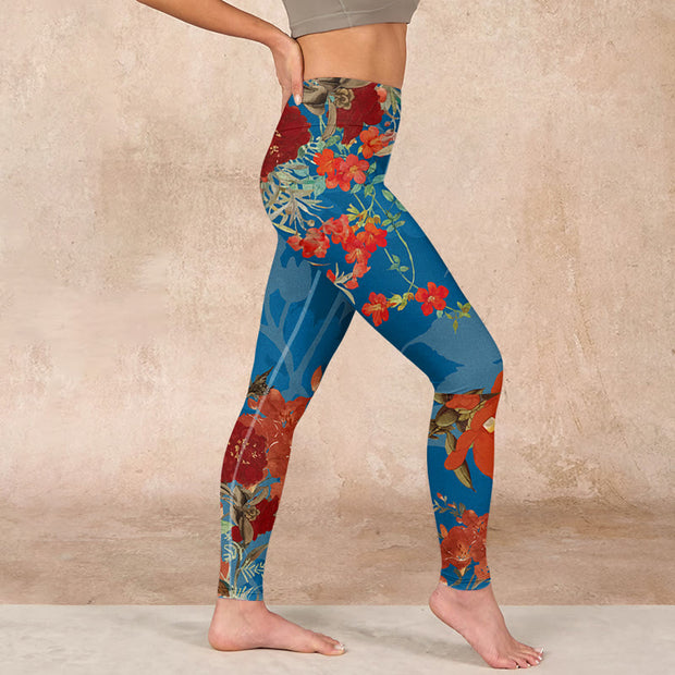 Buddha Stones Blue Red Flowers Birds Print Gym Leggings Women's Yoga Pants Leggings BS 17