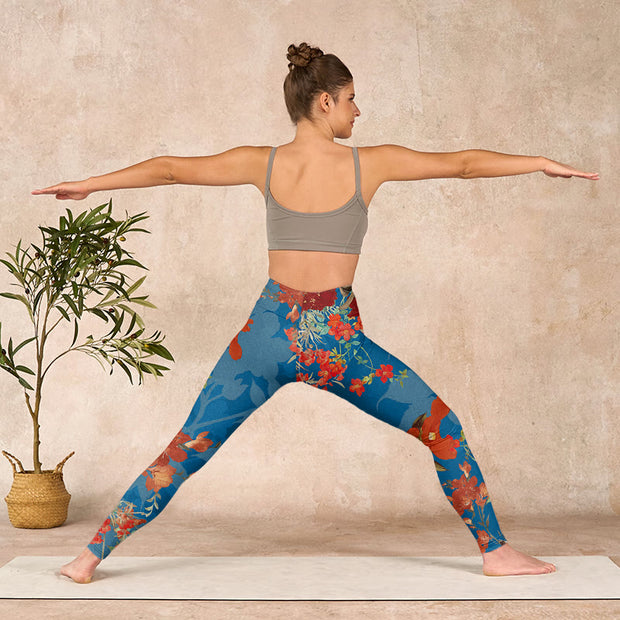 Buddha Stones Blue Red Flowers Birds Print Gym Leggings Women's Yoga Pants