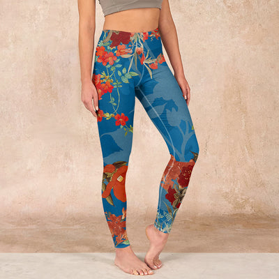 Buddha Stones Blue Red Flowers Birds Print Gym Leggings Women's Yoga Pants - SteelBlue - US18，UK/AU22，EU50 (4XL) - image 1