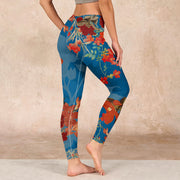 Buddha Stones Blue Red Flowers Birds Print Gym Leggings Women's Yoga Pants - image 3