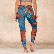 Buddha Stones Blue Red Flowers Birds Print Gym Leggings Women's Yoga Pants Leggings BS 15