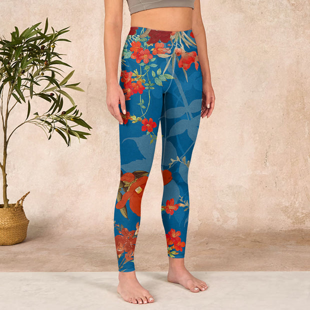 Buddha Stones Blue Red Flowers Birds Print Gym Leggings Women's Yoga Pants Leggings BS 3