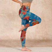 Buddha Stones Blue Red Flowers Birds Print Gym Leggings Women's Yoga Pants - image 16