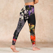 Buddha Stones Black Colorful Flowers Print Gym Leggings Women's Yoga Pants