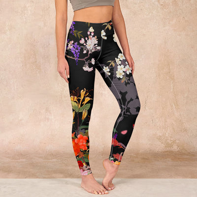 Buddha Stones Black Colorful Flowers Print Gym Leggings Women's Yoga Pants Leggings BS Black US18，UK/AU22，EU50 (4XL)