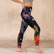 Buddha Stones Black Colorful Flowers Print Gym Leggings Women's Yoga Pants Leggings BS 17