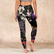 Buddha Stones Black Colorful Flowers Print Gym Leggings Women's Yoga Pants