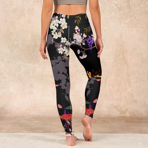 Buddha Stones Black Colorful Flowers Print Gym Leggings Women's Yoga Pants Leggings BS 15