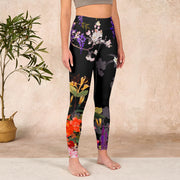 Buddha Stones Black Colorful Flowers Print Gym Leggings Women's Yoga Pants Leggings BS 3