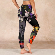 Buddha Stones Black Colorful Flowers Print Gym Leggings Women's Yoga Pants Leggings BS 2