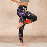 Buddha Stones Black Colorful Flowers Print Gym Leggings Women's Yoga Pants Leggings BS 16