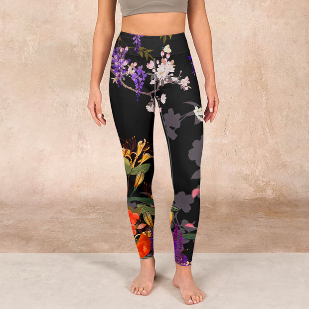 Buddha Stones Black Colorful Flowers Print Gym Leggings Women's Yoga Pants - image 2