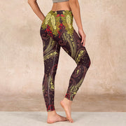 Buddha Stones Reddish-brown Cashew Flower Vines Print Gym Leggings Women's Yoga Pants