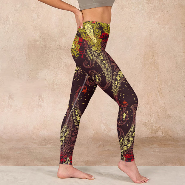 Buddha Stones Reddish-brown Cashew Flower Vines Print Gym Leggings Women's Yoga Pants - image 17
