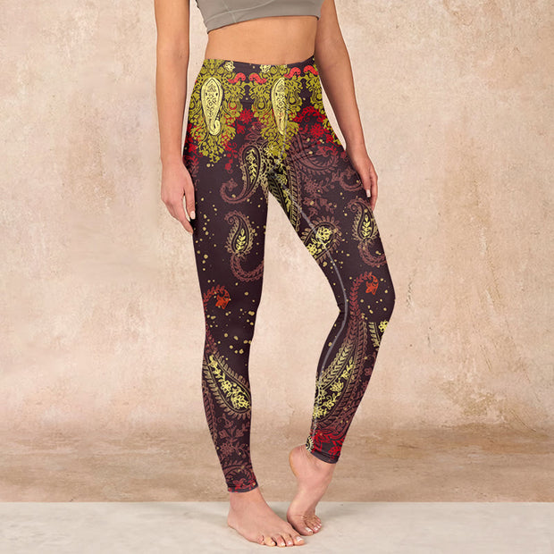 Buddha Stones Reddish-brown Cashew Flower Vines Print Gym Leggings Women's Yoga Pants - SaddleBrown - US18，UK/AU22，EU50 (4XL) - image 1