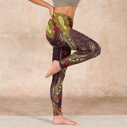 Buddha Stones Reddish-brown Cashew Flower Vines Print Gym Leggings Women's Yoga Pants Leggings BS 16