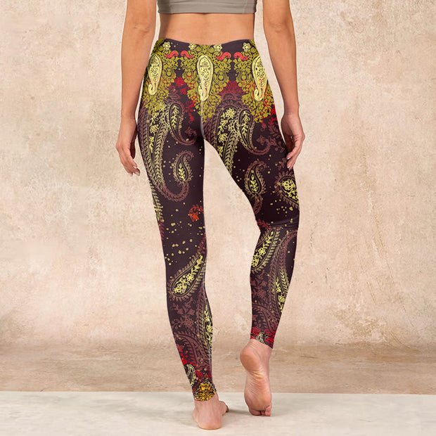 Buddha Stones Reddish-brown Cashew Flower Vines Print Gym Leggings Women's Yoga Pants - image 15