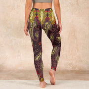 Buddha Stones Reddish-brown Cashew Flower Vines Print Gym Leggings Women's Yoga Pants Leggings BS 15