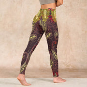 Buddha Stones Reddish-brown Cashew Flower Vines Print Gym Leggings Women's Yoga Pants Leggings BS 4